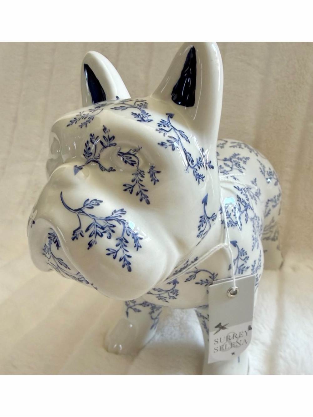 Surrey Selena French Bulldog Ceramic Figurine Floral Toile Blue White Decor Gift